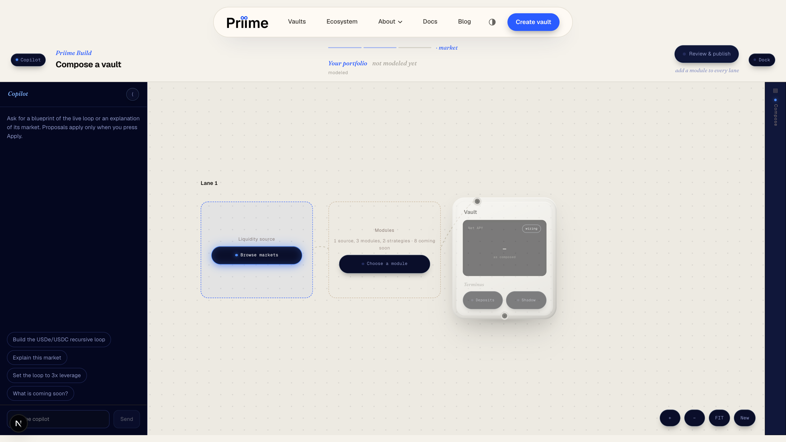 The Priime Build canvas on September 4: one empty lane, a liquidity source slot, a module slot and an unbuilt vault.